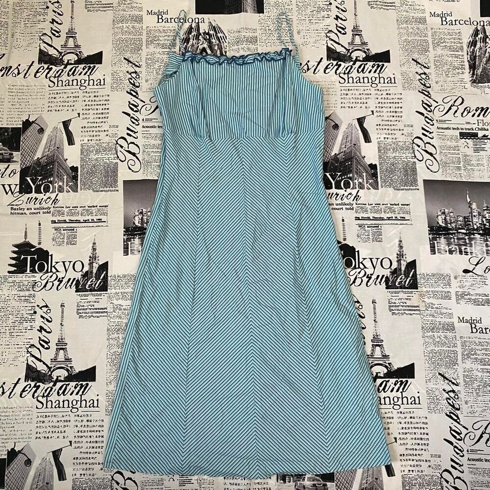 Siare's Women's Blue teal navy striped dress high square neck mini ruffled dress